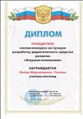 Диплом победителя смотра -конкурса на лучшую разработку дидактического средства развития "Игрушки -помошники", февраль, 2017 г.