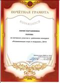 Почетная грамота за активное участие в районном конкурсе "Развивающие игры и игрушки", 2014 г.